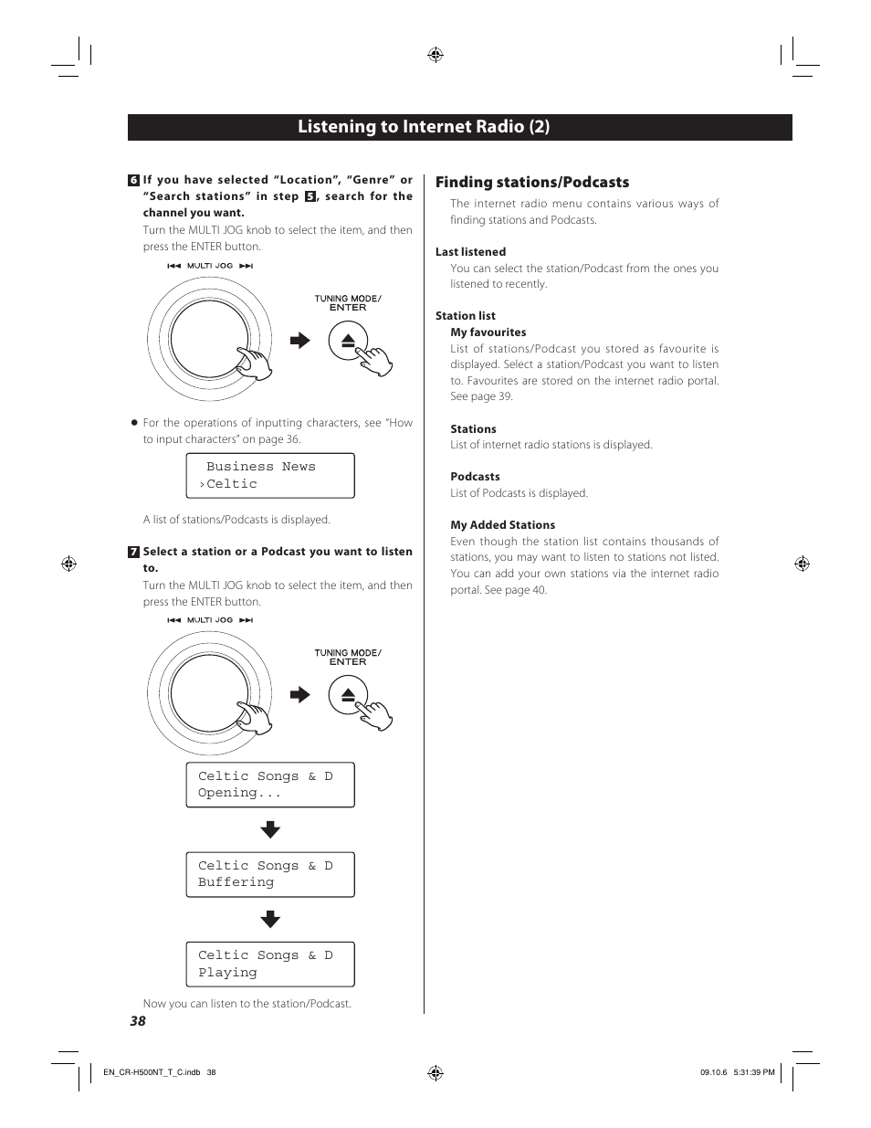 Listening to internet radio (2), Finding stations/podcasts | Teac CR-H500NT User Manual | Page 38 / 55