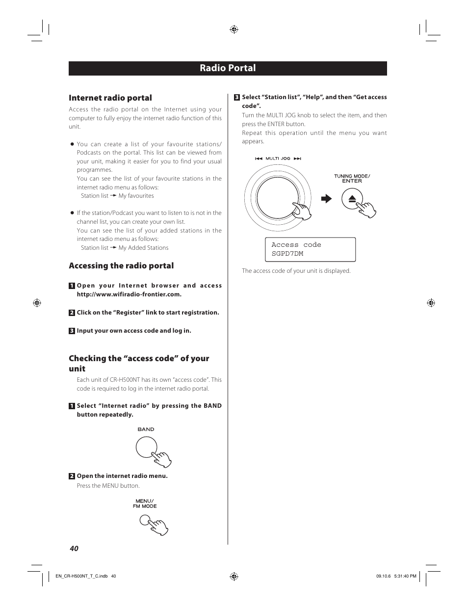 Radio portal, Internet radio portal, Accessing the radio portal | Checking the “access code” of your unit | Teac CR-H500NT User Manual | Page 40 / 55