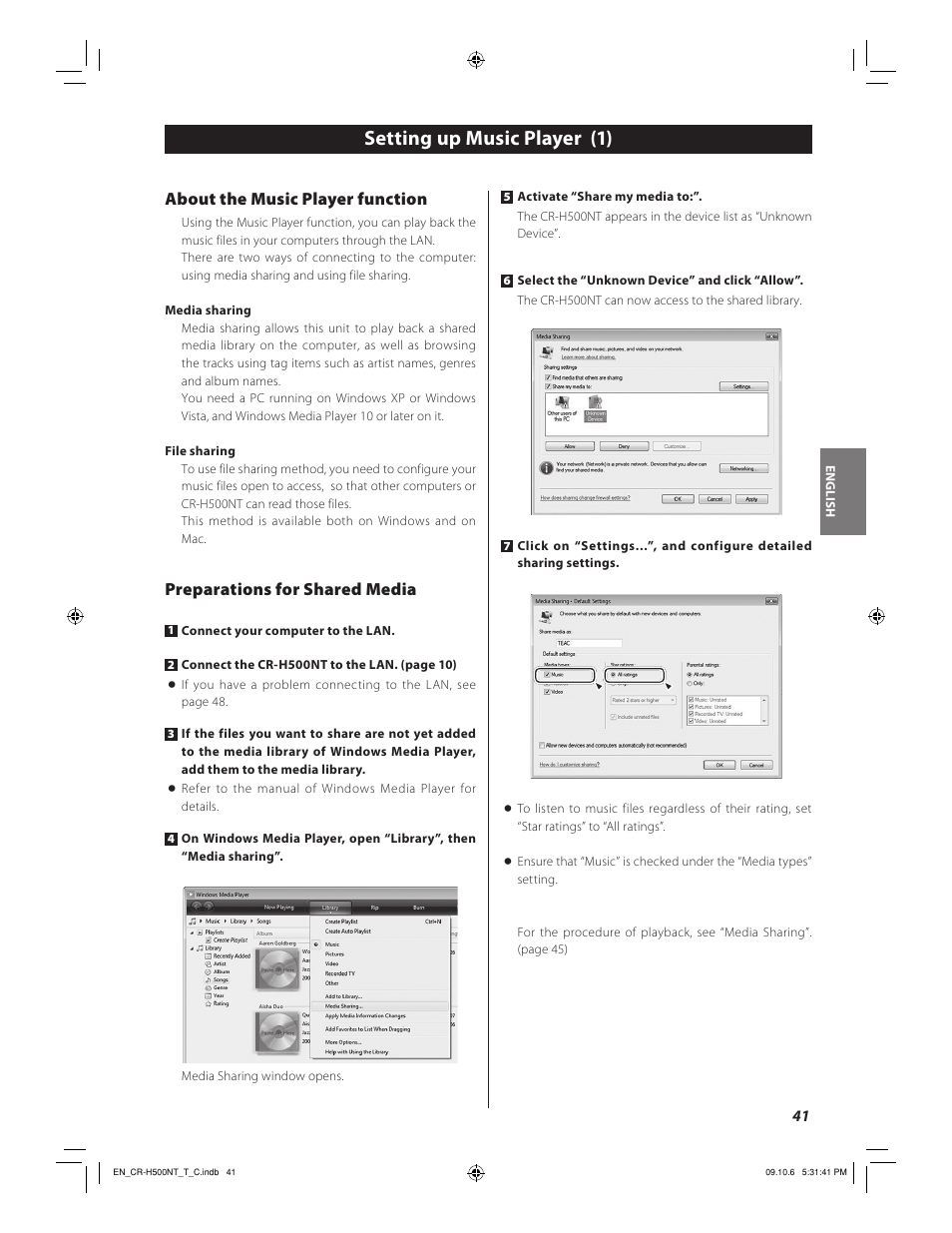 Setting up music player (1), About the music player function, Preparations for shared media | Teac CR-H500NT User Manual | Page 41 / 55