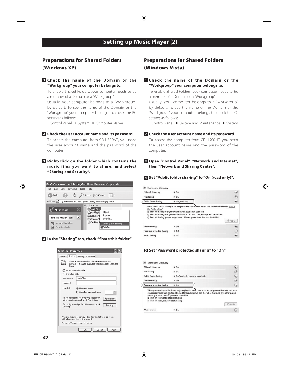 Setting up music player (2), Preparations for shared folders (windows vista), Preparations for shared folders (windows xp) | Teac CR-H500NT User Manual | Page 42 / 55