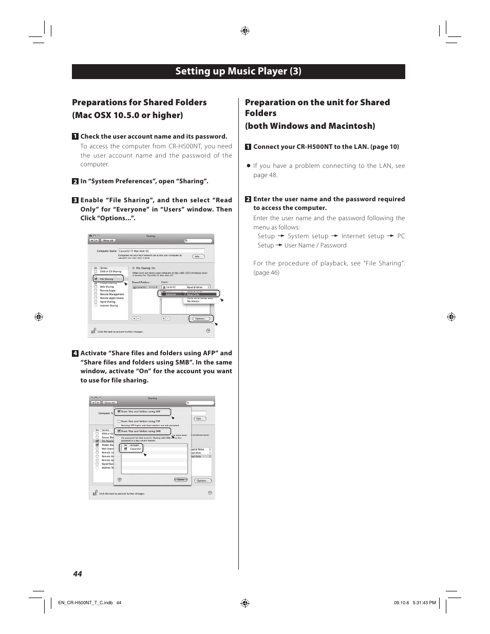 Setting up music player (3) | Teac CR-H500NT User Manual | Page 44 / 55