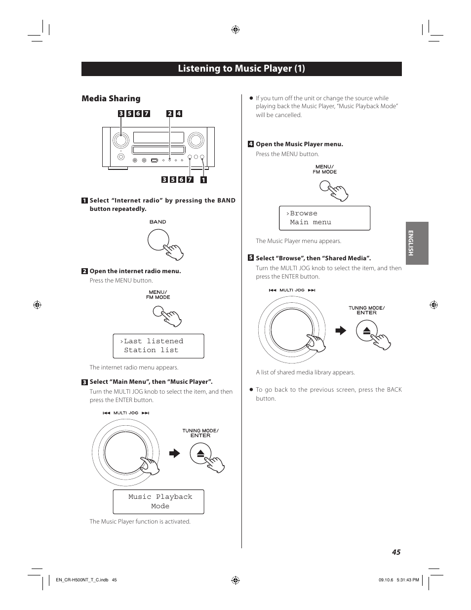 Listening to music player (1), Media sharing | Teac CR-H500NT User Manual | Page 45 / 55
