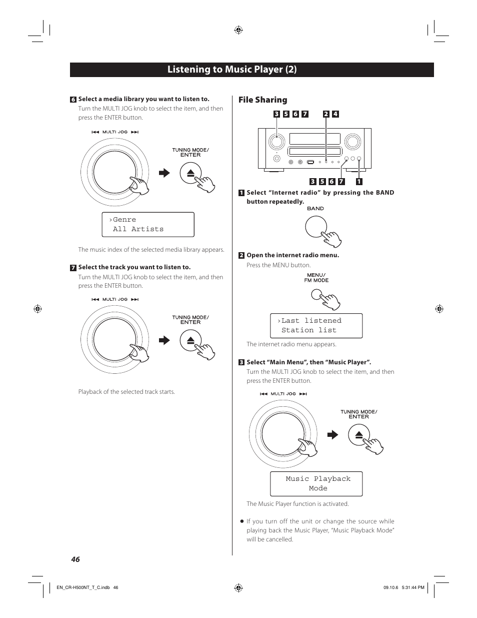 Listening to music player (2), File sharing | Teac CR-H500NT User Manual | Page 46 / 55