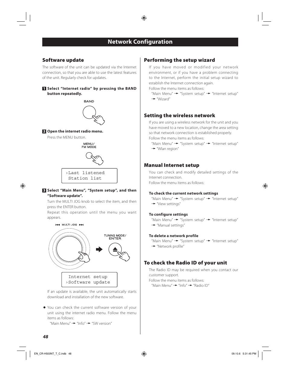 Network configuration, Software update, Performing the setup wizard | Setting the wireless network, Manual internet setup | Teac CR-H500NT User Manual | Page 48 / 55