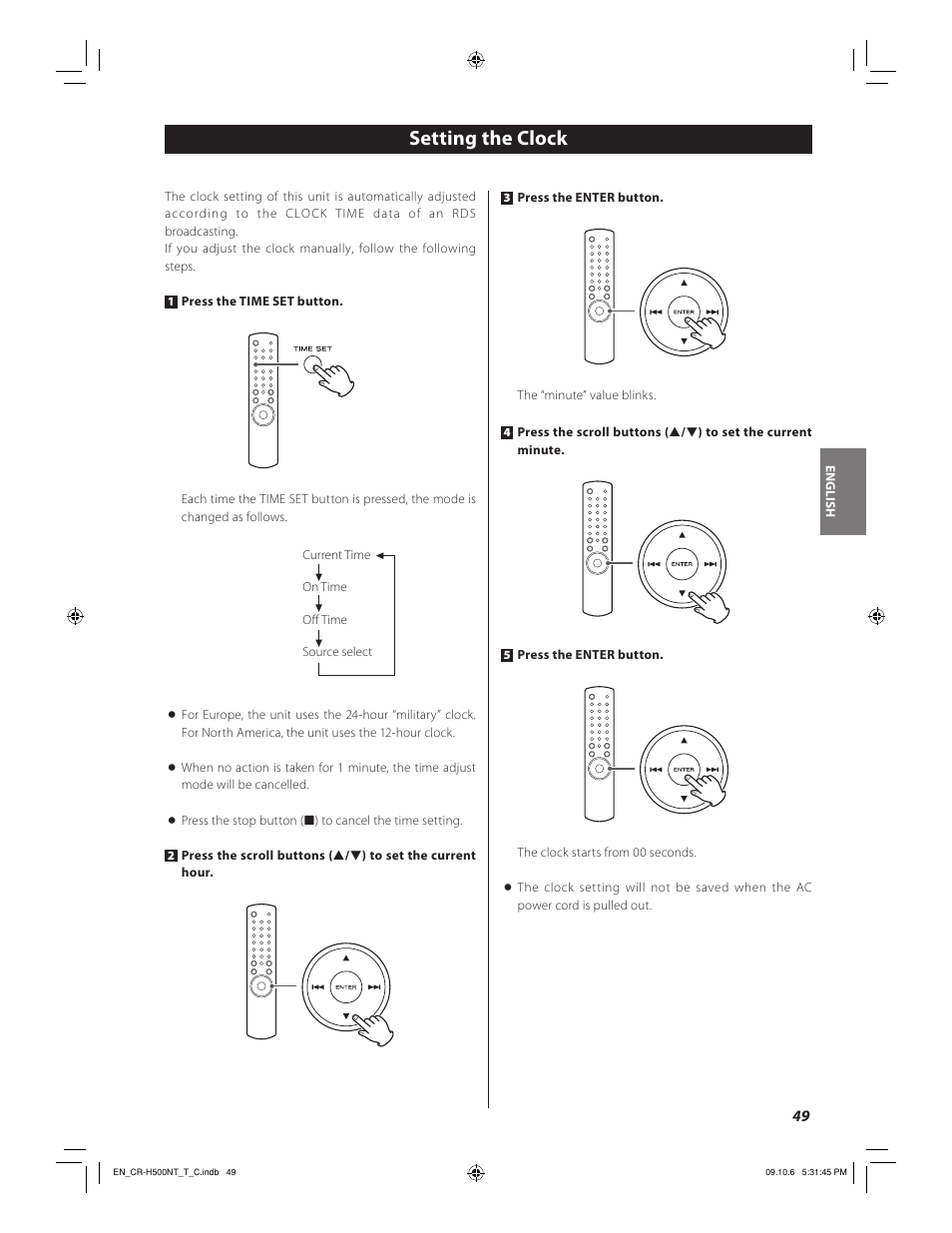 Setting the clock | Teac CR-H500NT User Manual | Page 49 / 55