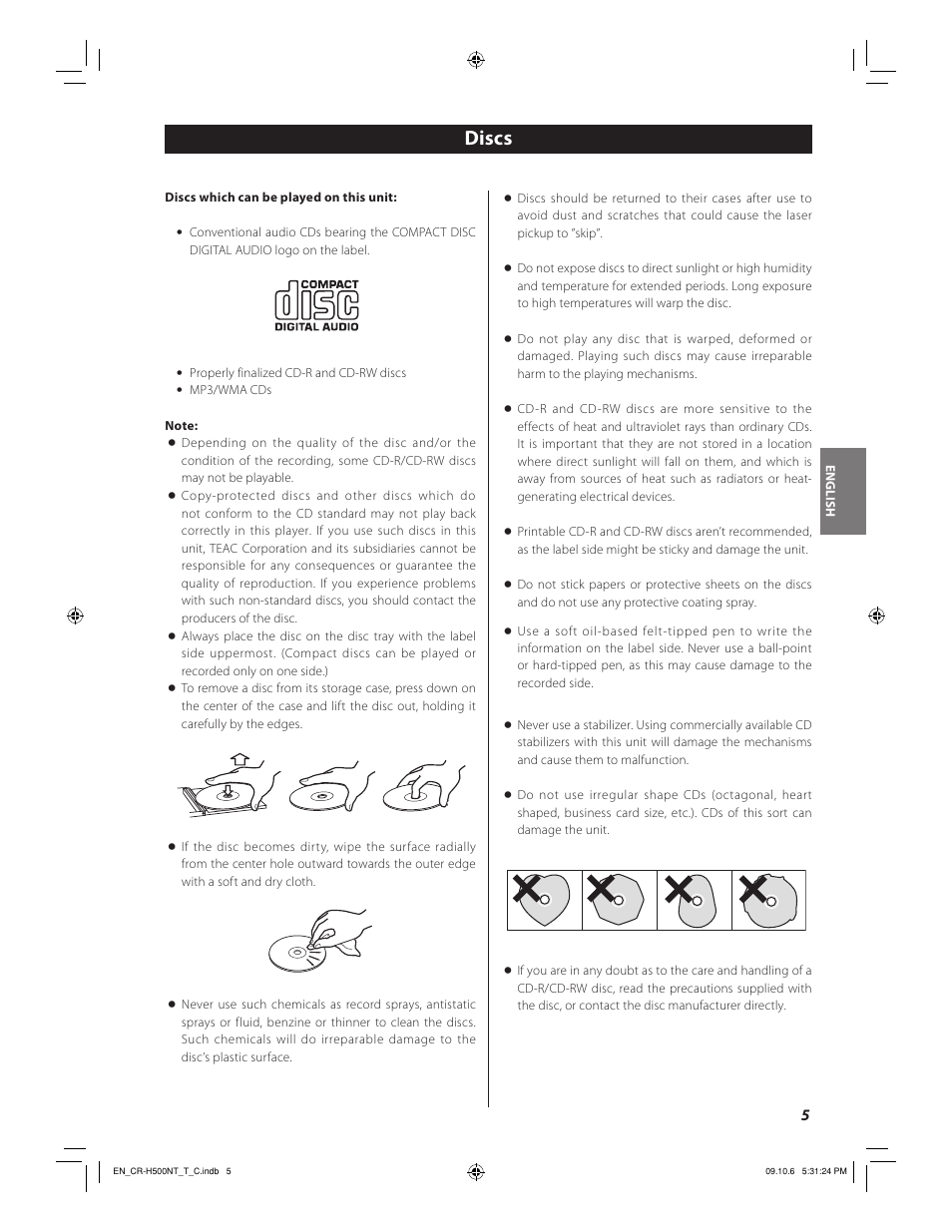 Discs | Teac CR-H500NT User Manual | Page 5 / 55