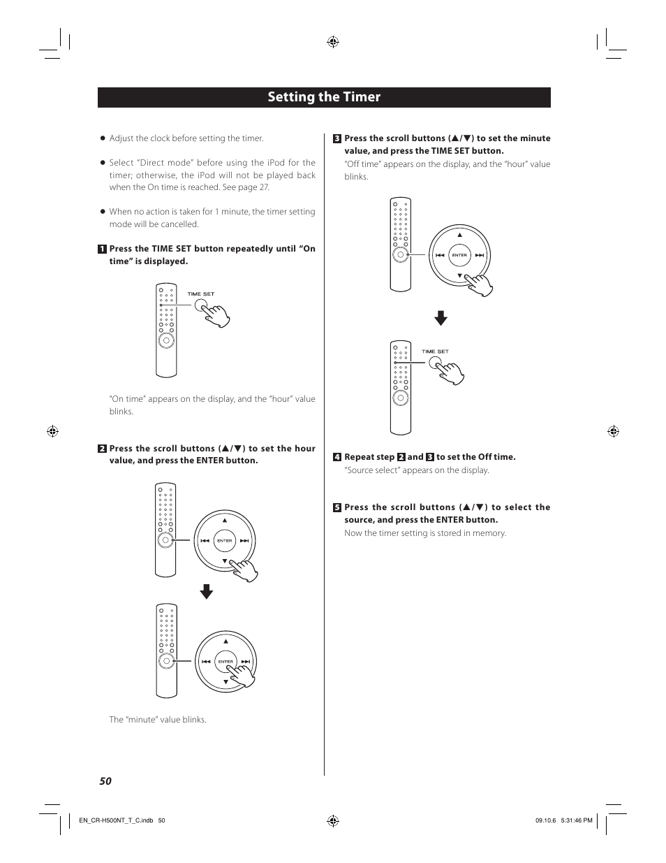 Setting the timer | Teac CR-H500NT User Manual | Page 50 / 55