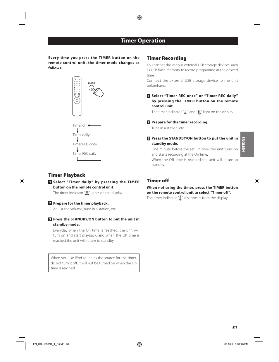 Timer operation, Timer playback, Timer recording | Timer off | Teac CR-H500NT User Manual | Page 51 / 55