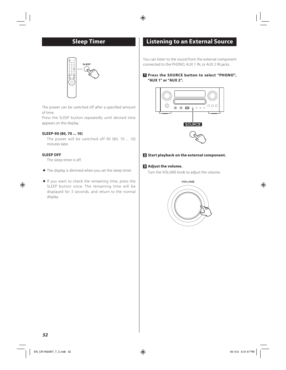 Sleep timer, Listening to an external source | Teac CR-H500NT User Manual | Page 52 / 55