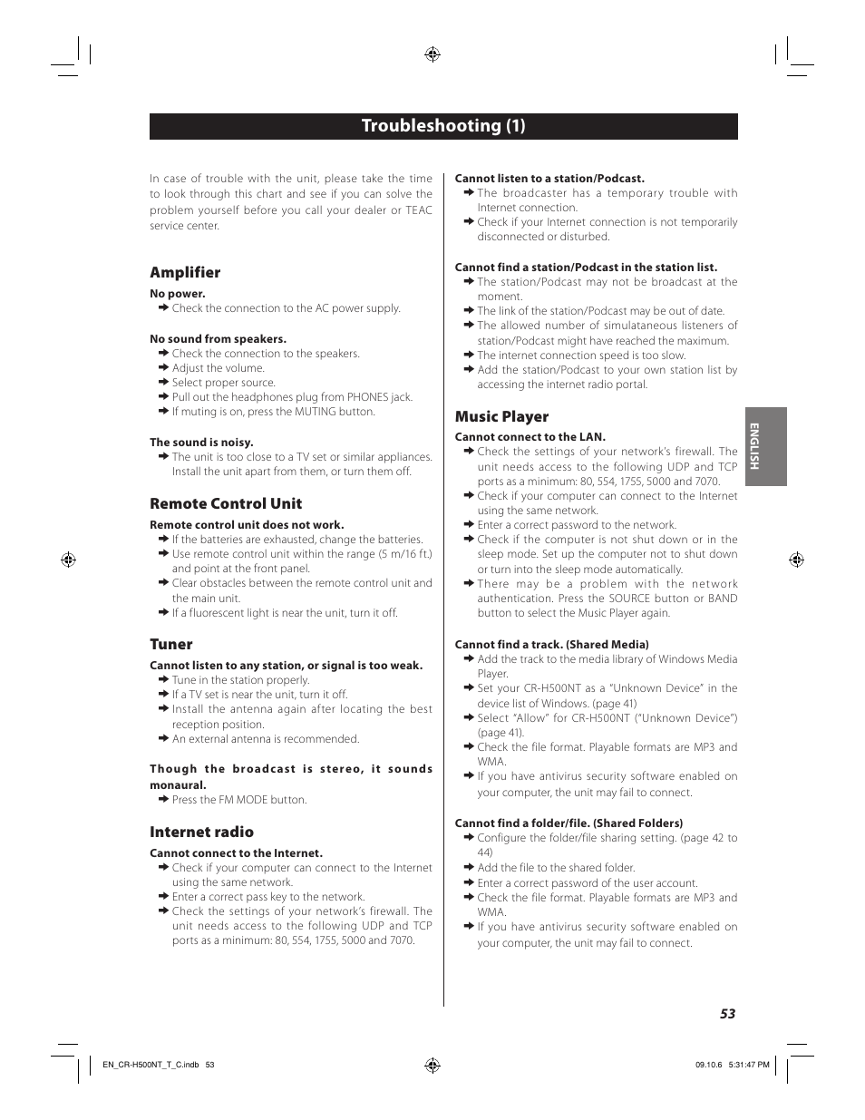 Troubleshooting (1), Amplifier, Remote control unit | Tuner, Internet radio, Music player | Teac CR-H500NT User Manual | Page 53 / 55