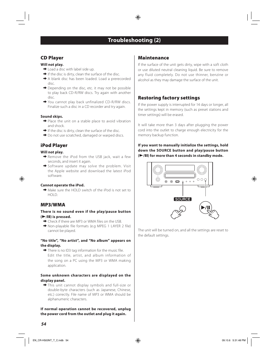 Troubleshooting (2), Maintenance, Restoring factory settings | Cd player, Ipod player, Mp3/wma | Teac CR-H500NT User Manual | Page 54 / 55