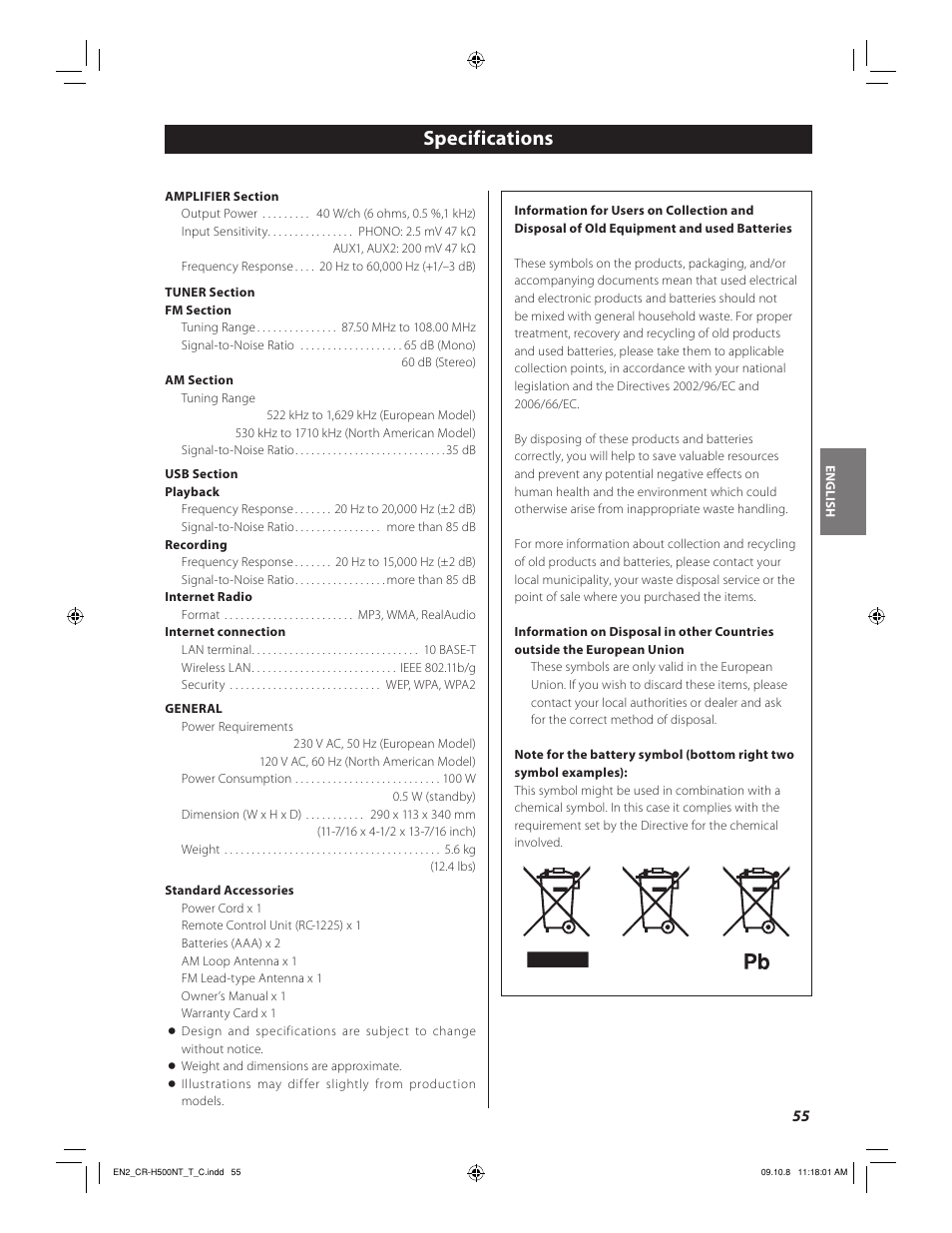 Specifications | Teac CR-H500NT User Manual | Page 55 / 55