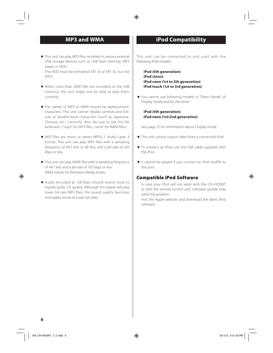 Mp3 and wma, Ipod compatibility, Compatible ipod software | Teac CR-H500NT User Manual | Page 6 / 55