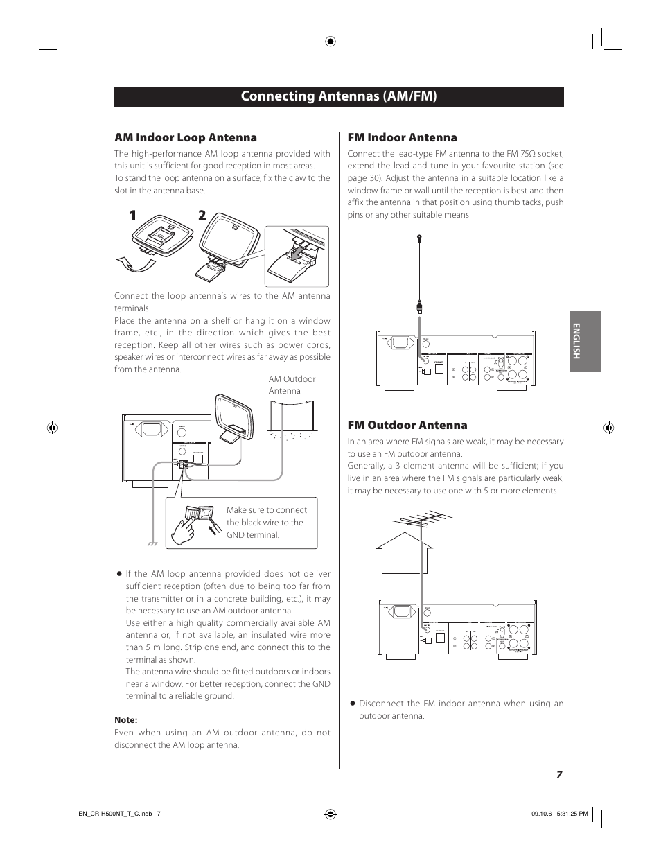 Connecting antennas (am/fm), Fm indoor antenna, Fm outdoor antenna | Am indoor loop antenna | Teac CR-H500NT User Manual | Page 7 / 55