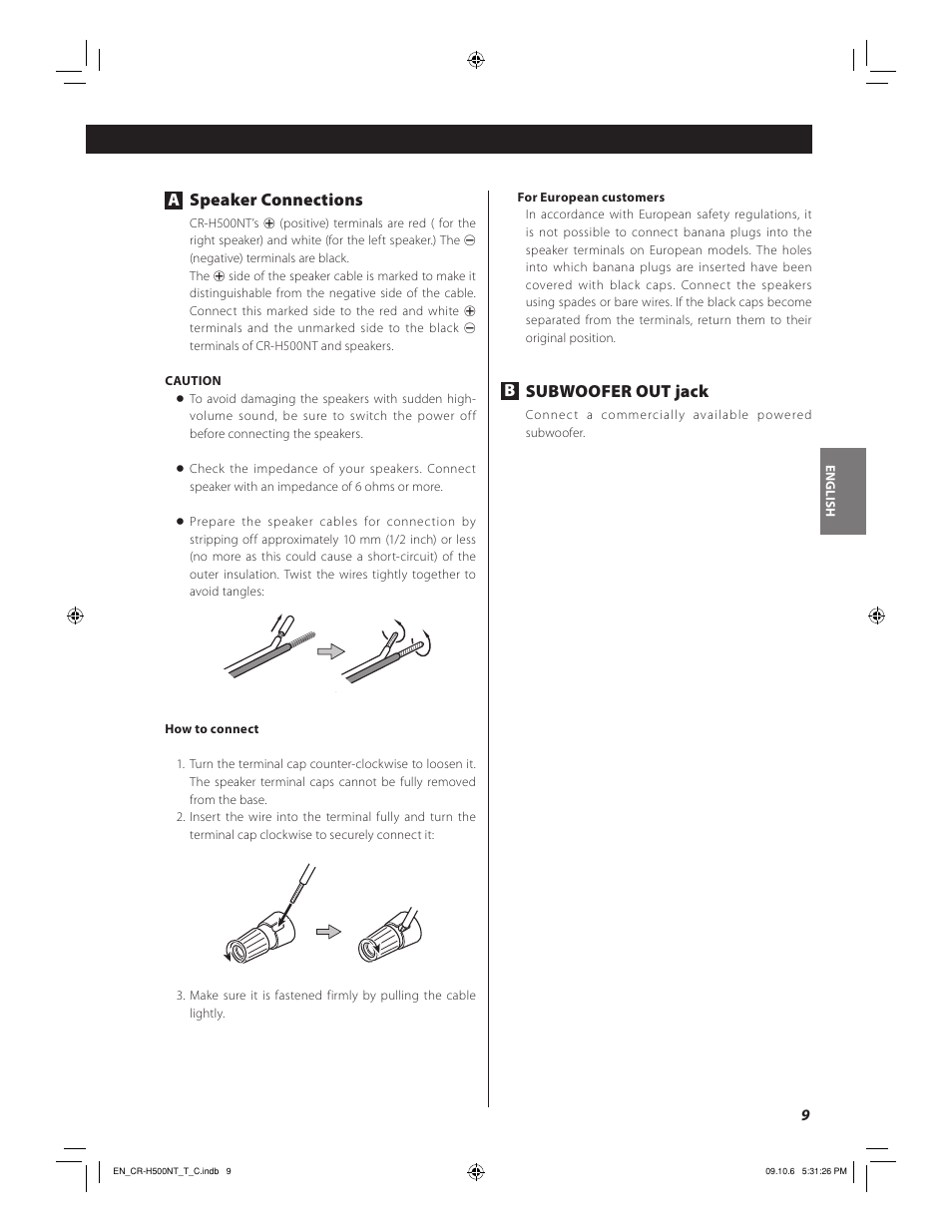 Aspeaker connections, Bsubwoofer out jack | Teac CR-H500NT User Manual | Page 9 / 55