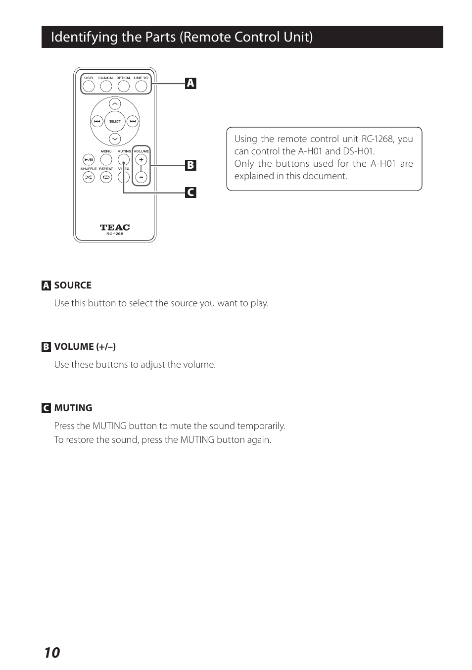 Identifying the parts (remote control unit) | Teac USB DAC Integrated Amplifier A-H01 User Manual | Page 10 / 48