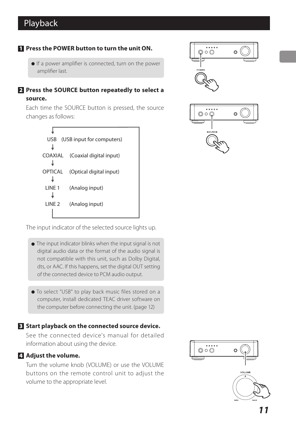 Playback | Teac USB DAC Integrated Amplifier A-H01 User Manual | Page 11 / 48