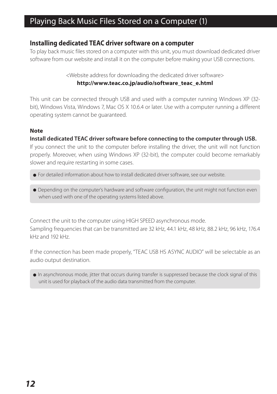 Playing back music files stored on a computer (1) | Teac USB DAC Integrated Amplifier A-H01 User Manual | Page 12 / 48