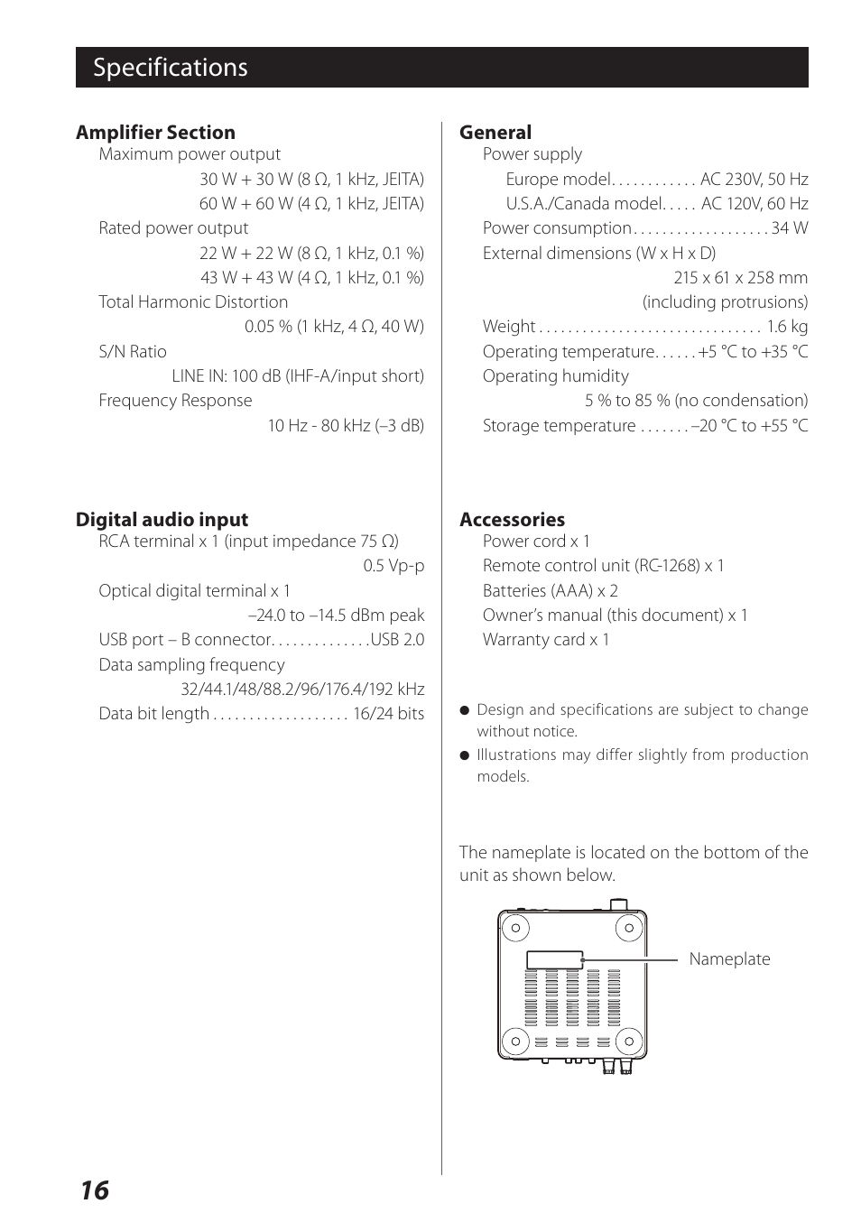 Specifications | Teac USB DAC Integrated Amplifier A-H01 User Manual | Page 16 / 48