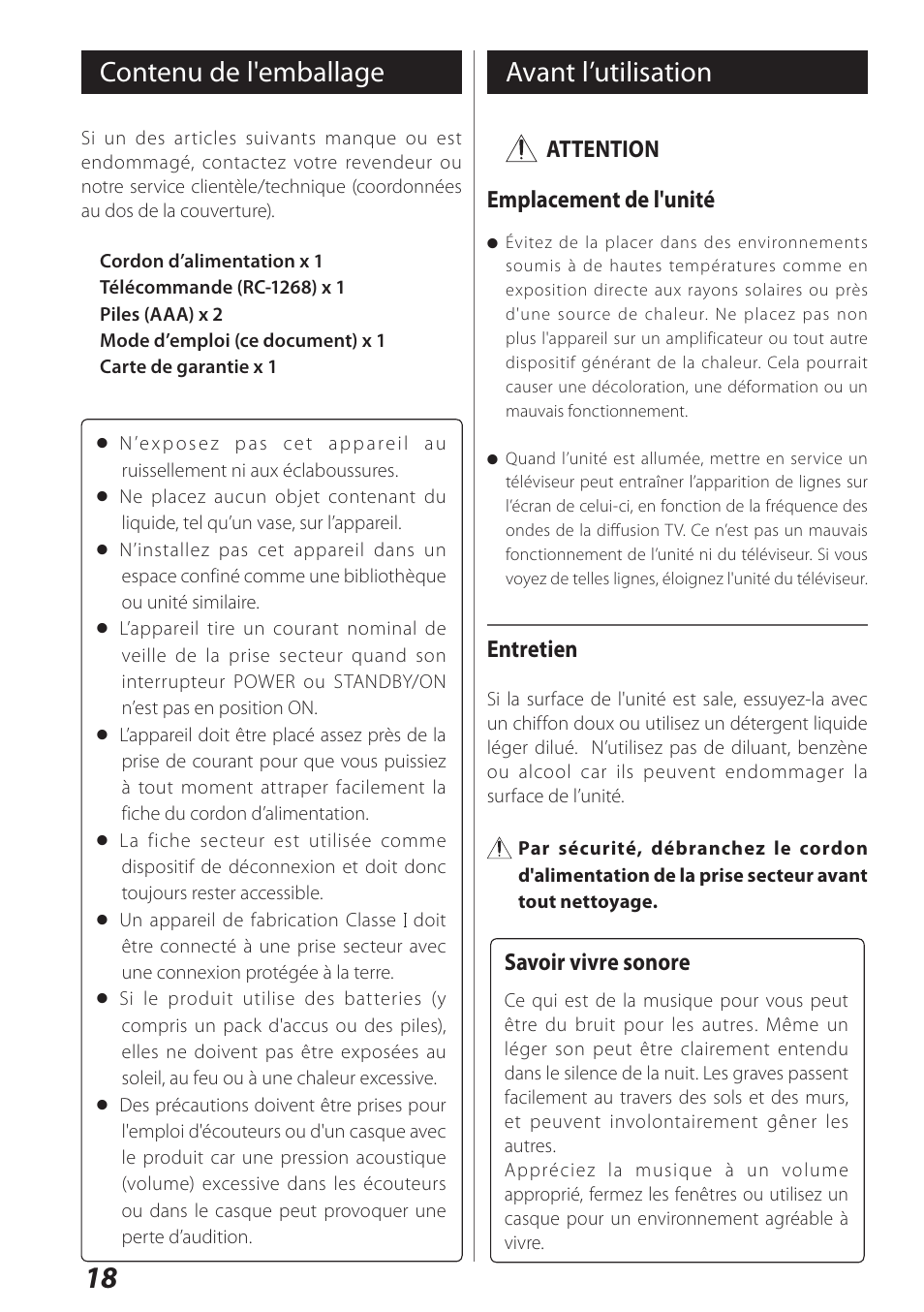 Français, Contenu de l'emballage, Avant l’utilisation | Contenu de l'emballage avant l’utilisation | Teac USB DAC Integrated Amplifier A-H01 User Manual | Page 18 / 48