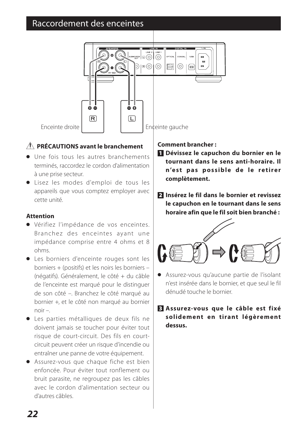 Raccordement des enceintes | Teac USB DAC Integrated Amplifier A-H01 User Manual | Page 22 / 48