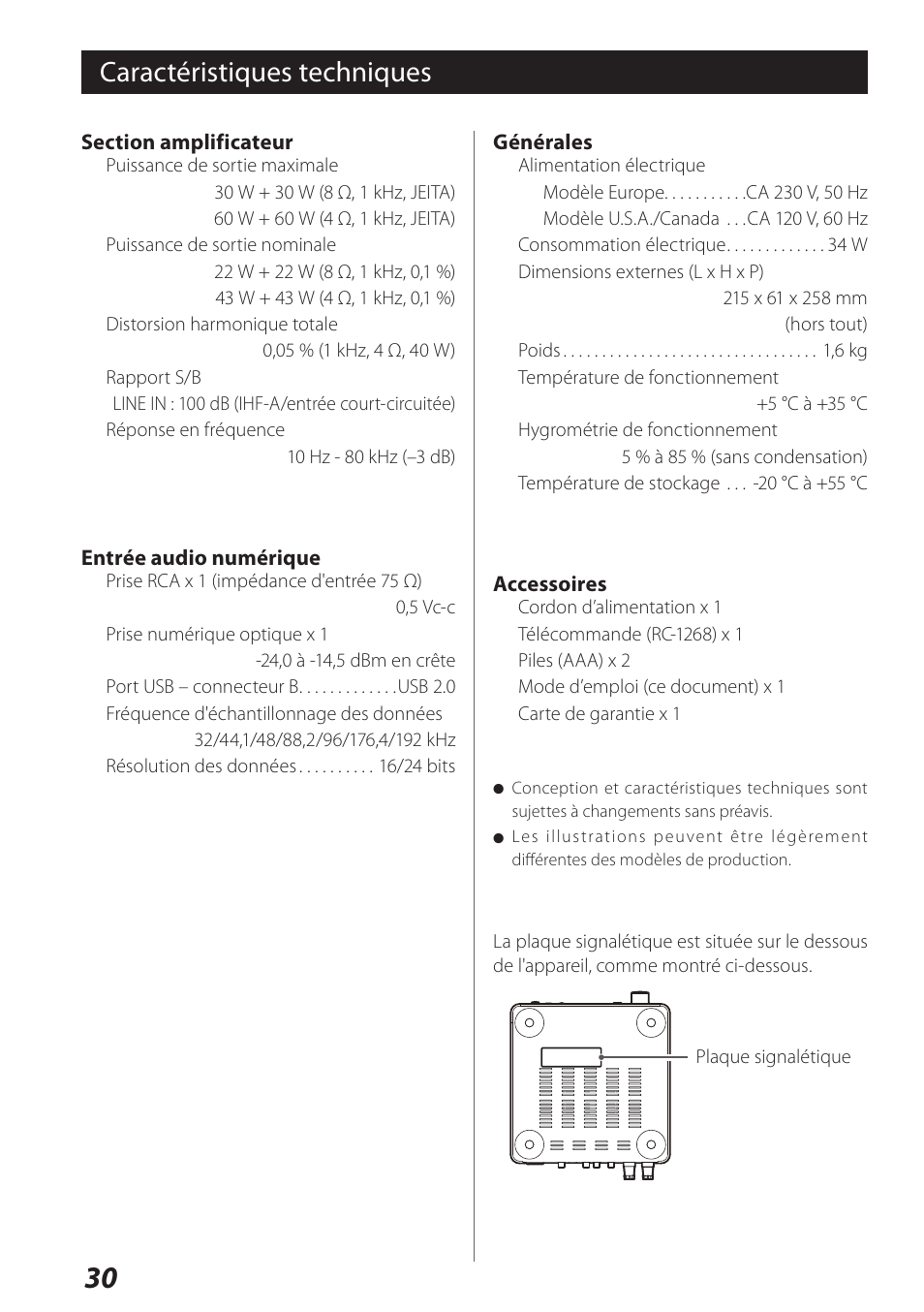 Caractéristiques techniques | Teac USB DAC Integrated Amplifier A-H01 User Manual | Page 30 / 48