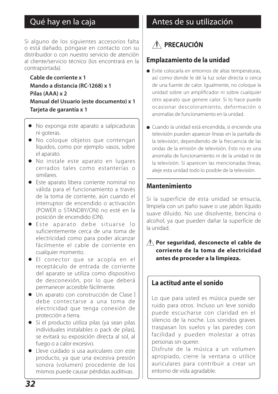 Español, Qué hay en la caja, Antes de su utilización | Qué hay en la caja antes de su utilización | Teac USB DAC Integrated Amplifier A-H01 User Manual | Page 32 / 48