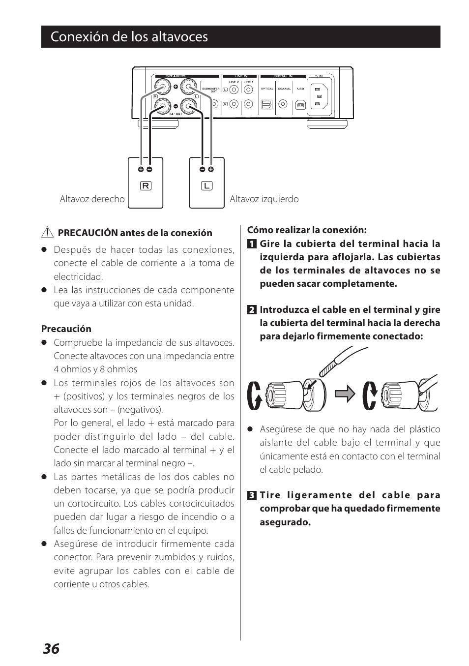 Conexión de los altavoces | Teac USB DAC Integrated Amplifier A-H01 User Manual | Page 36 / 48