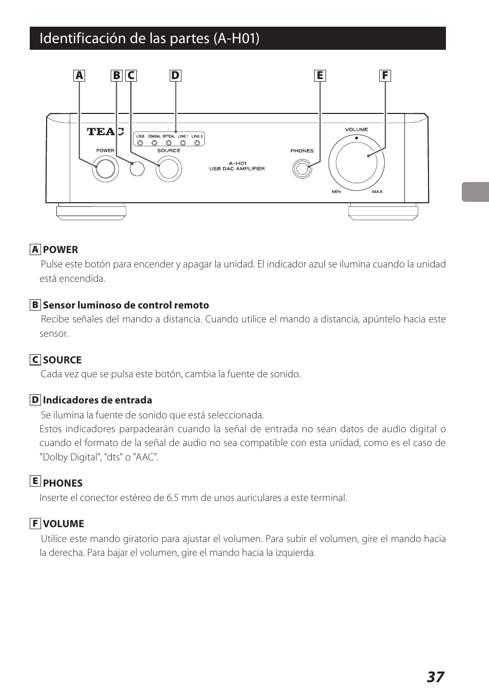 Identificación de las partes (a-h01) | Teac USB DAC Integrated Amplifier A-H01 User Manual | Page 37 / 48