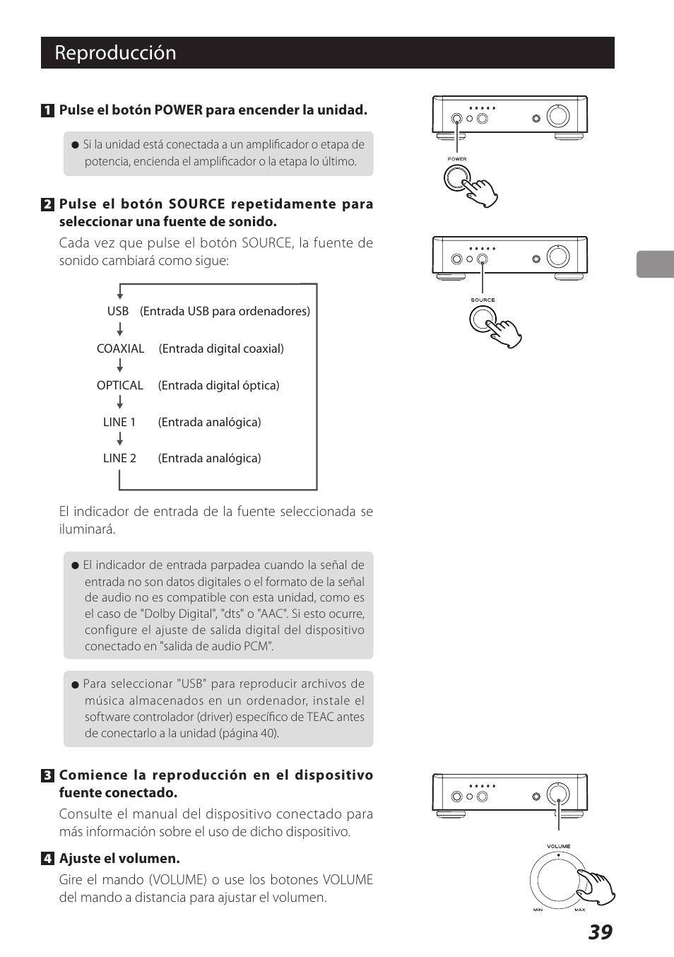 Reproducción | Teac USB DAC Integrated Amplifier A-H01 User Manual | Page 39 / 48