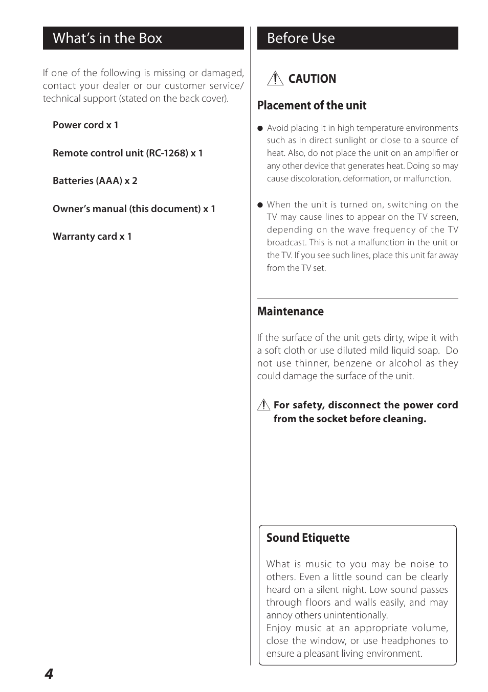 English, What’s in the box, Before use | What’s in the box before use | Teac USB DAC Integrated Amplifier A-H01 User Manual | Page 4 / 48