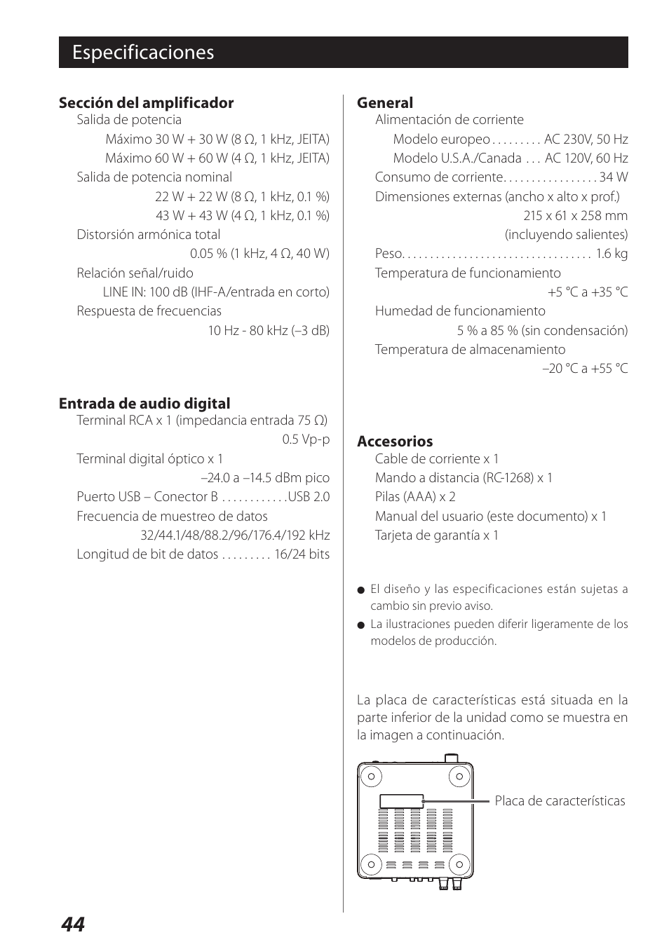 Especificaciones | Teac USB DAC Integrated Amplifier A-H01 User Manual | Page 44 / 48