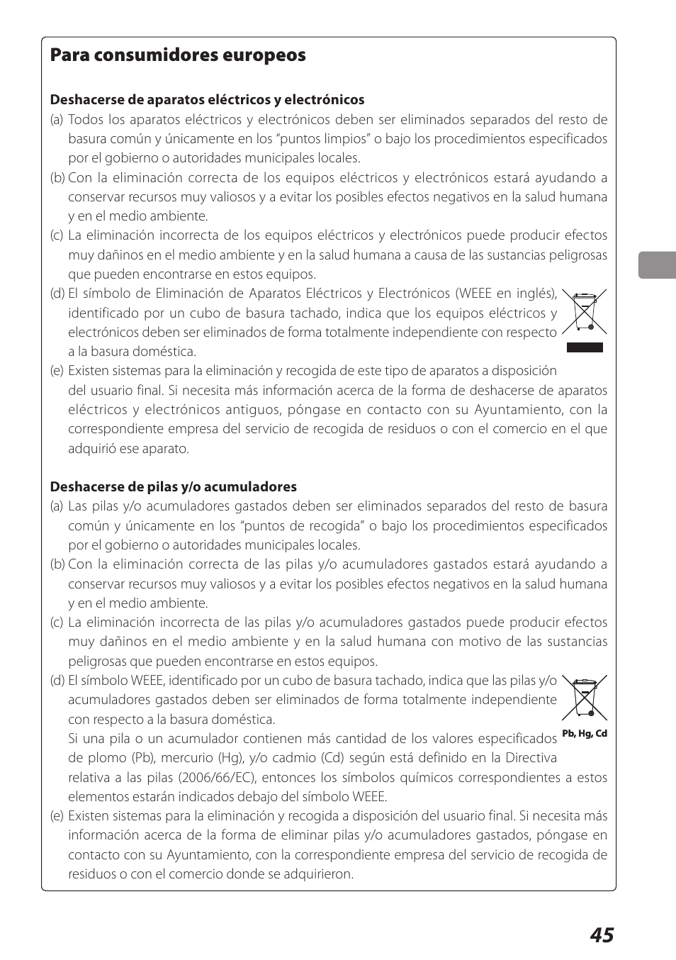 Para consumidores europeos | Teac USB DAC Integrated Amplifier A-H01 User Manual | Page 45 / 48