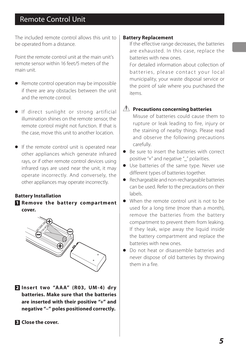 Remote control unit | Teac USB DAC Integrated Amplifier A-H01 User Manual | Page 5 / 48