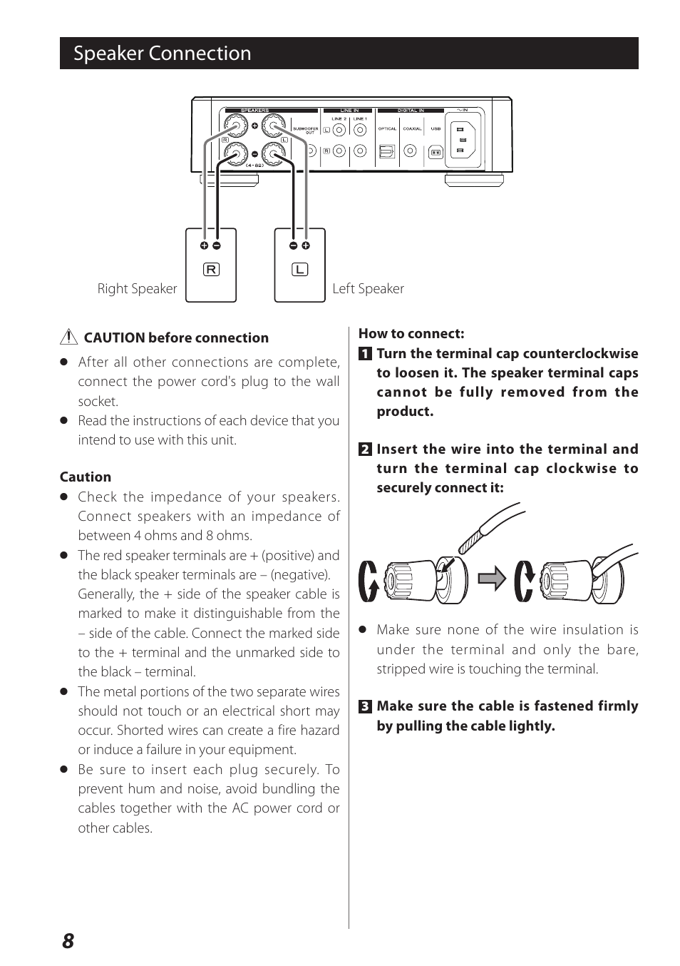 Speaker connection | Teac USB DAC Integrated Amplifier A-H01 User Manual | Page 8 / 48