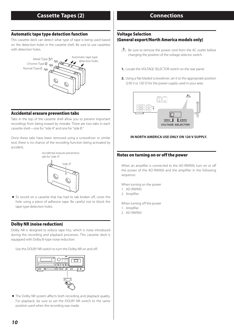 Connections, Cassette tapes (2), Automatic tape type detection function | Accidental erasure prevention tabs, Dolby nr (noise reduction) | Teac CD Recorder/Reverse Cassette Deck AD-RW900 User Manual | Page 10 / 52