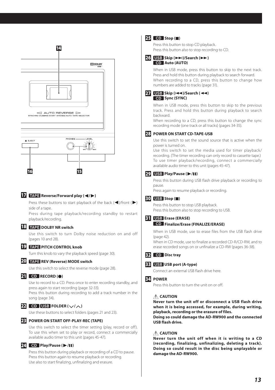 Teac CD Recorder/Reverse Cassette Deck AD-RW900 User Manual | Page 13 / 52