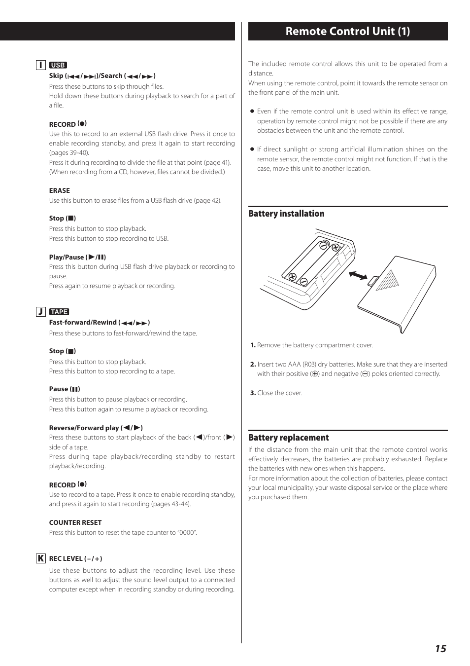 Remote control unit (1), Battery installation, Battery replacement | Teac CD Recorder/Reverse Cassette Deck AD-RW900 User Manual | Page 15 / 52