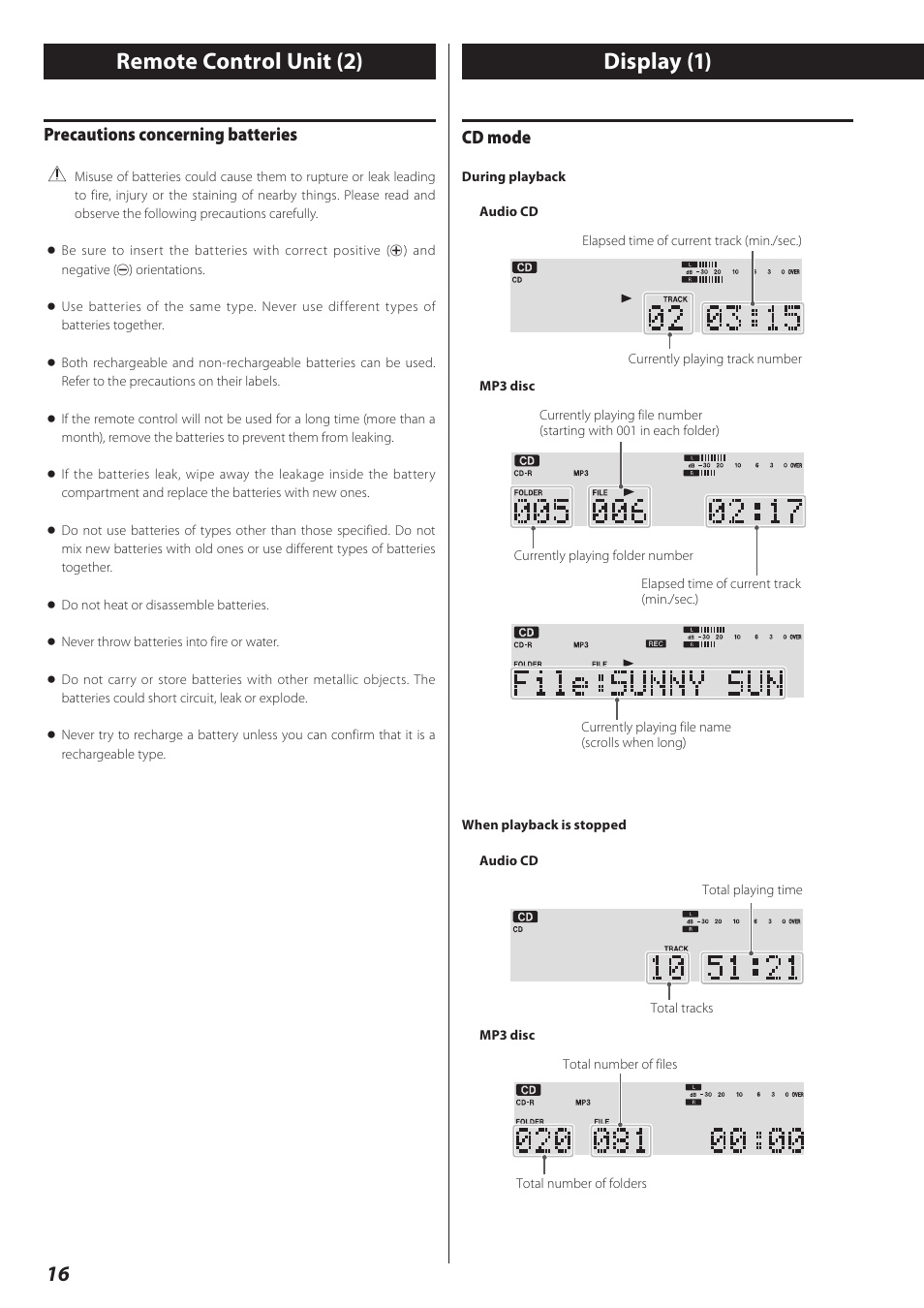 Display (1), Remote control unit (2), Cd mode | Precautions concerning batteries | Teac CD Recorder/Reverse Cassette Deck AD-RW900 User Manual | Page 16 / 52