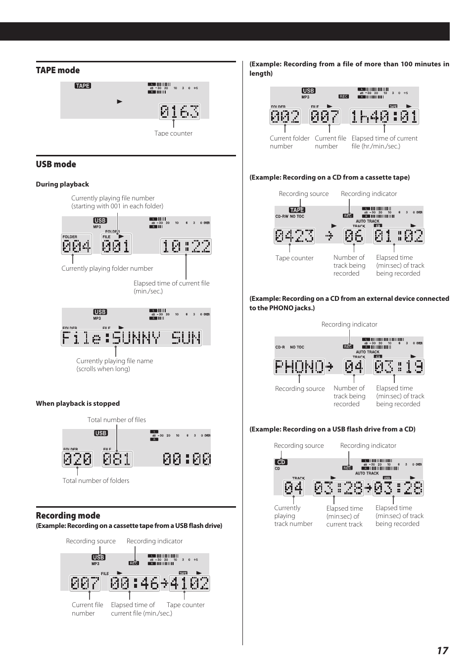 Tape mode, Usb mode, Recording mode | Teac CD Recorder/Reverse Cassette Deck AD-RW900 User Manual | Page 17 / 52