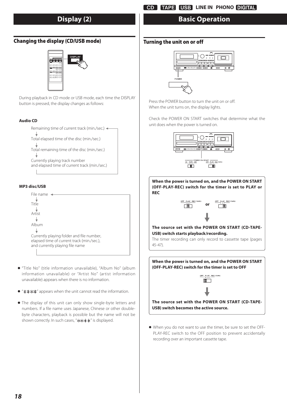 Basic operation, Display (2), Turning the unit on or off | Changing the display (cd/usb mode) | Teac CD Recorder/Reverse Cassette Deck AD-RW900 User Manual | Page 18 / 52