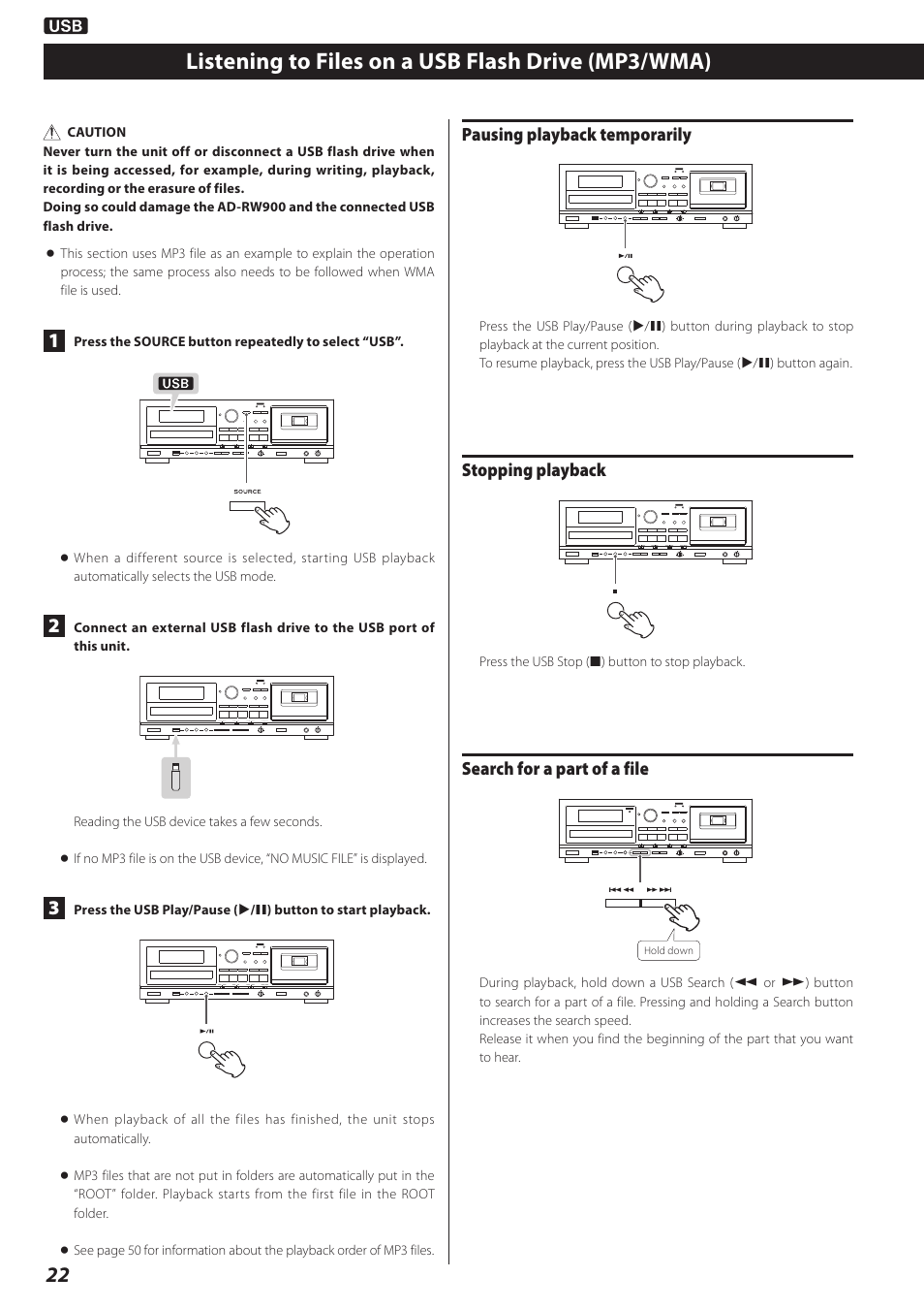 Listening to files on a usb flash drive (mp3/wma) | Teac CD Recorder/Reverse Cassette Deck AD-RW900 User Manual | Page 22 / 52