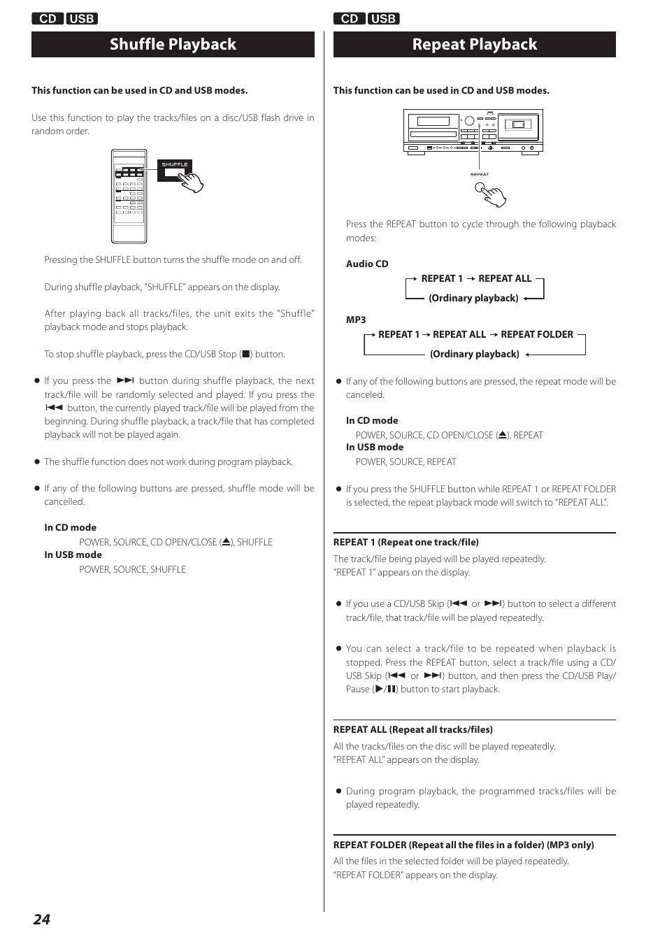 Shuffle playback, Repeat playback | Teac CD Recorder/Reverse Cassette Deck AD-RW900 User Manual | Page 24 / 52