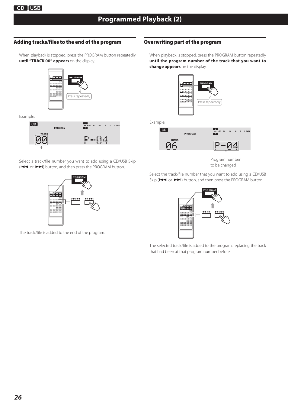 Programmed playback (2), Adding tracks/files to the end of the program, Overwriting part of the program | Teac CD Recorder/Reverse Cassette Deck AD-RW900 User Manual | Page 26 / 52