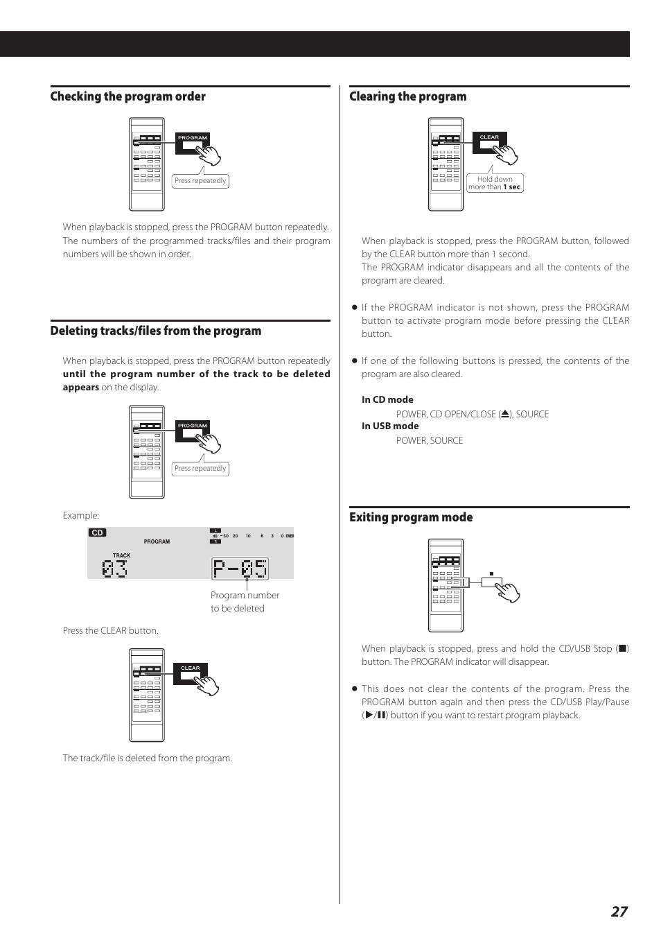 Clearing the program, Exiting program mode, Checking the program order | Deleting tracks/files from the program | Teac CD Recorder/Reverse Cassette Deck AD-RW900 User Manual | Page 27 / 52