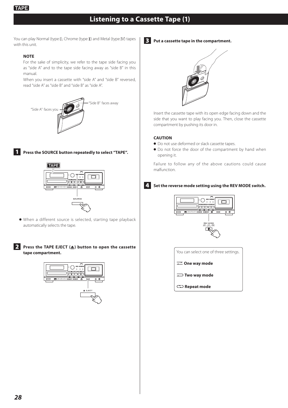 Listening to a cassette tape (1) | Teac CD Recorder/Reverse Cassette Deck AD-RW900 User Manual | Page 28 / 52