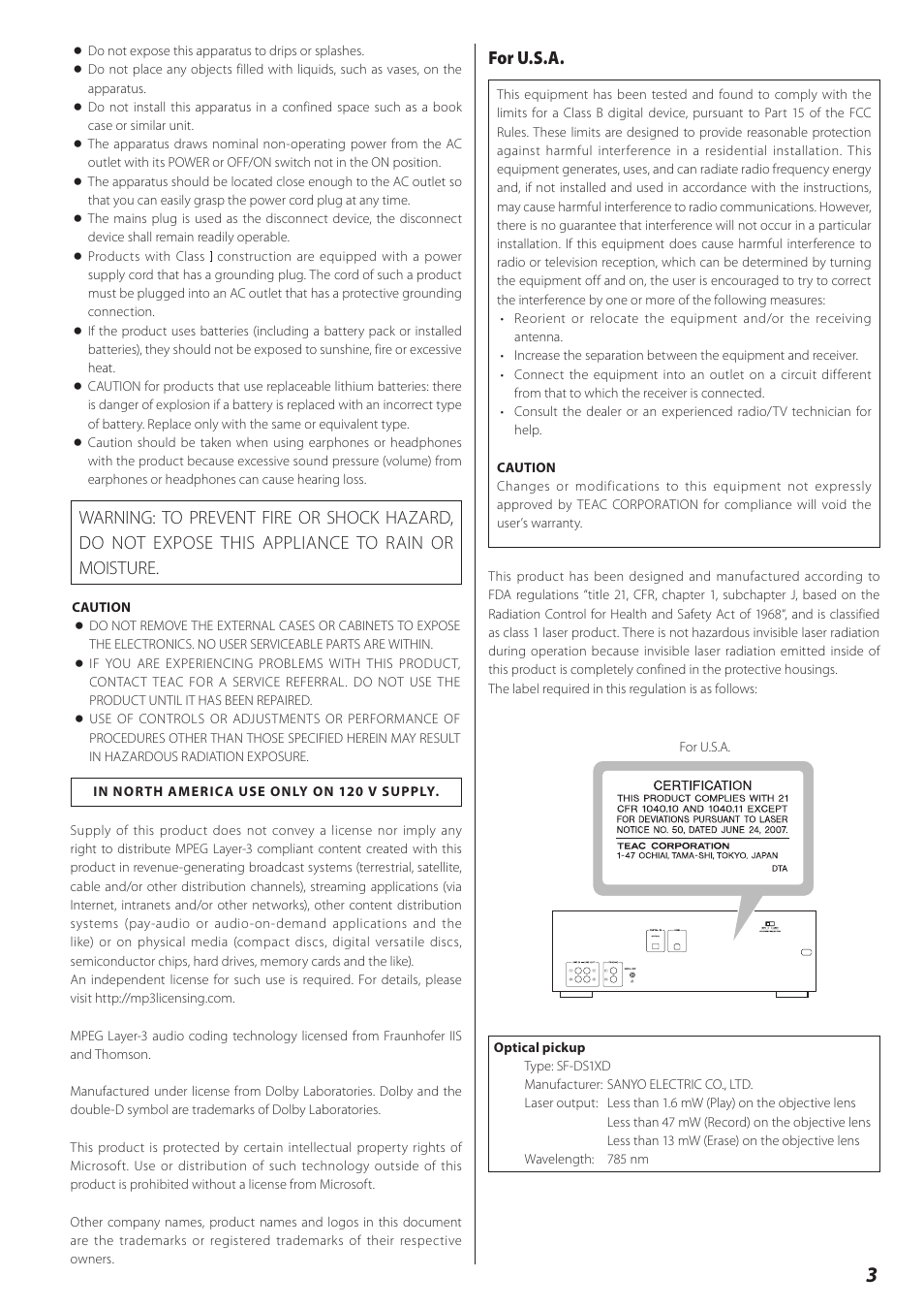 For u.s.a | Teac CD Recorder/Reverse Cassette Deck AD-RW900 User Manual | Page 3 / 52