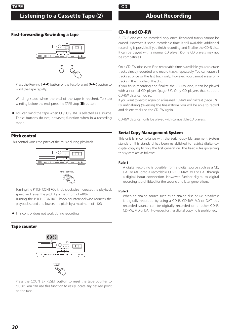 About recording, Listening to a cassette tape (2) about recording | Teac CD Recorder/Reverse Cassette Deck AD-RW900 User Manual | Page 30 / 52