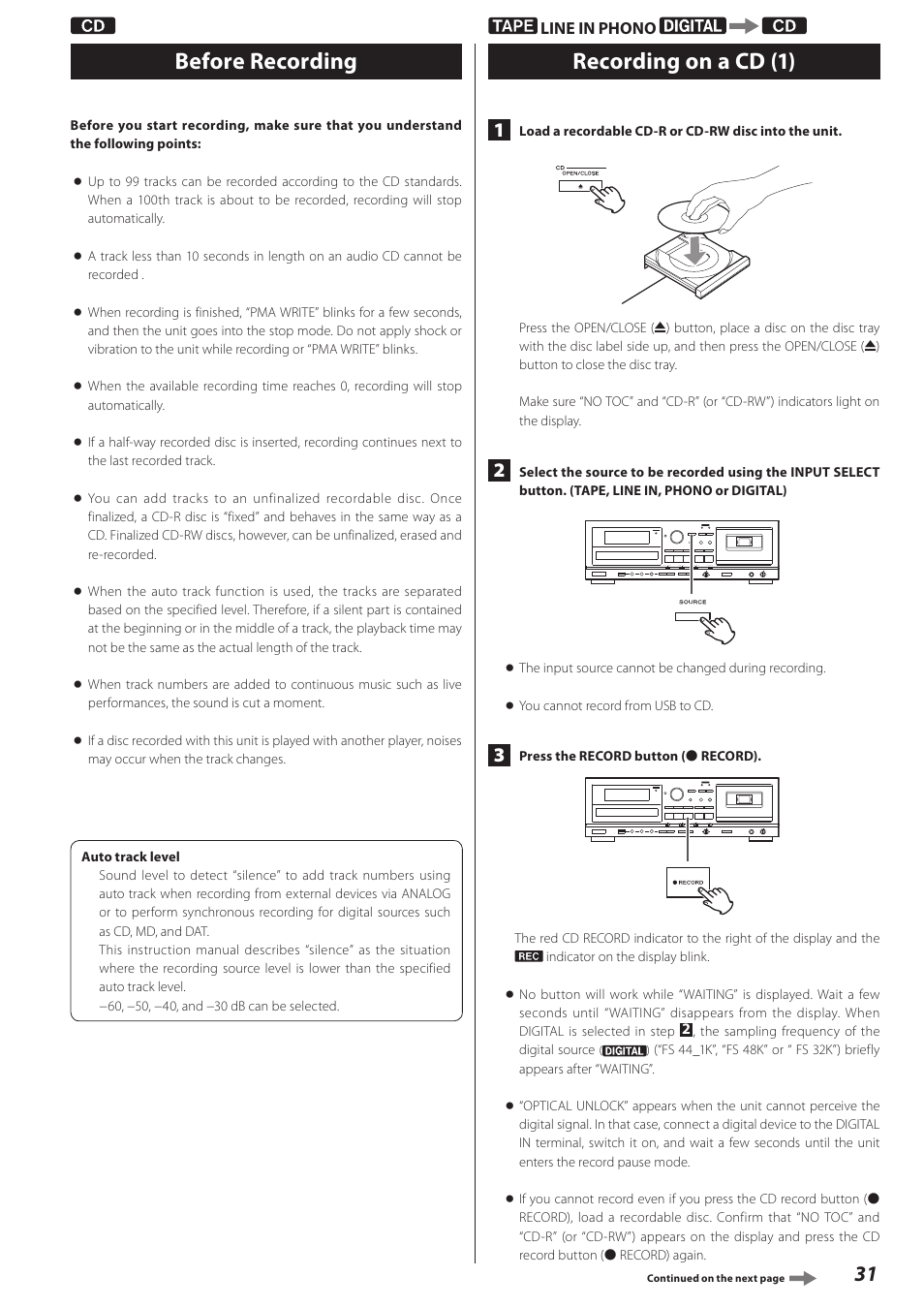 Before recording, Recording on a cd (1) | Teac CD Recorder/Reverse Cassette Deck AD-RW900 User Manual | Page 31 / 52