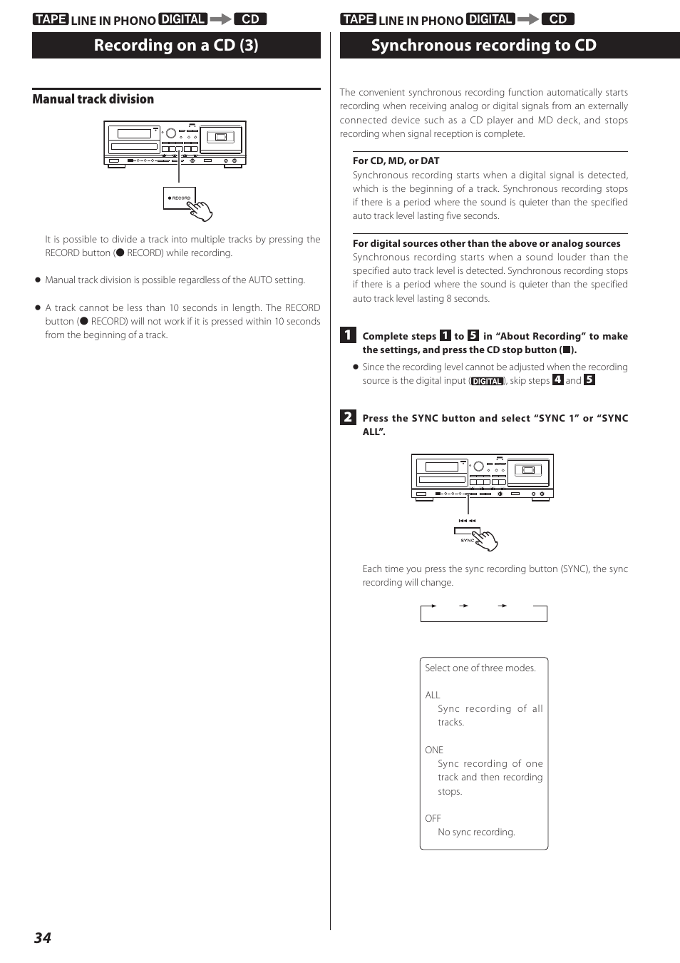 Synchronous recording to cd, Recording on a cd (3) synchronous recording to cd, Manual track division | Teac CD Recorder/Reverse Cassette Deck AD-RW900 User Manual | Page 34 / 52